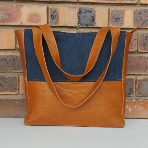 Genuine leather & denim handbag