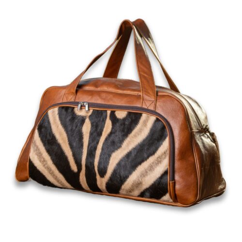 Genuine leather and zebra hair on hide travel bag.