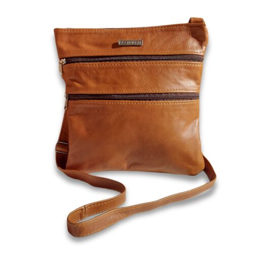 Genuine leather medium size sling bag with three zip pockets