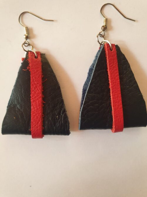 Blue and red leather earrings.