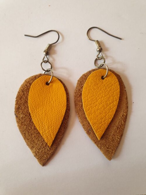 Tan and yellow leaf shape genuine leather earrings