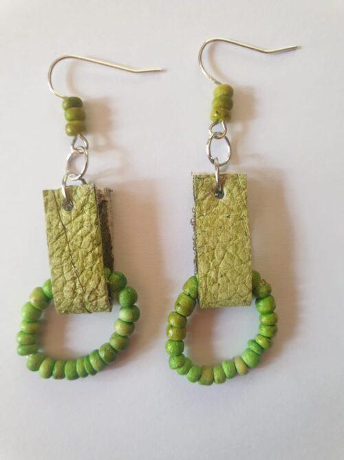Green leather earrings with beads.