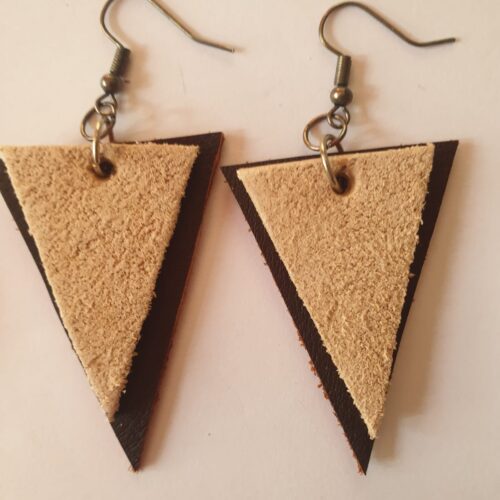 Brown and cream triangular leather earrings.