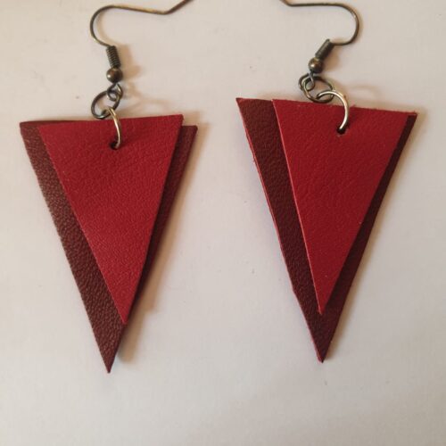 Red triangle shape genuine leather earrings.
