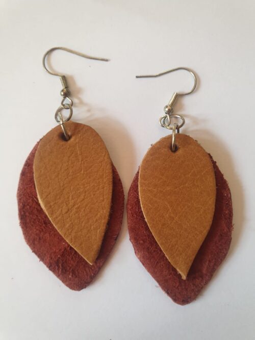 Brown and Tan leaf shape leather earrings.
