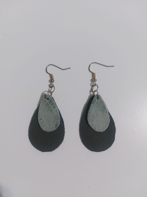 Green tear drop leather earrings.
