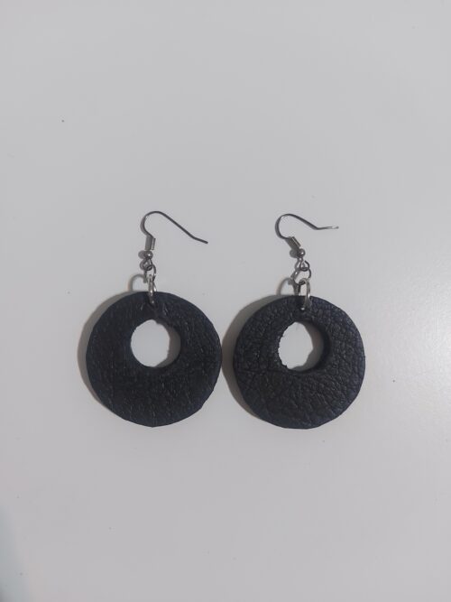 Round brown leather on wood earrings.
