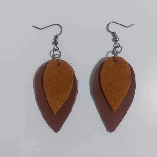 Mustard and brown leaf shape leather earrings.