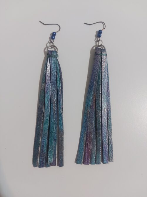 Mixed color tassel leather earrings.
