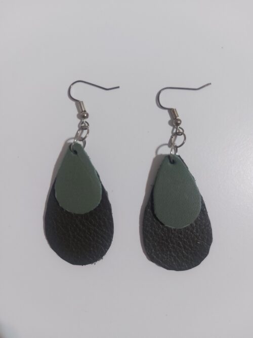 Green tear drop leather earrings.