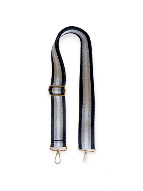 Bag strap with black silver and white stripes