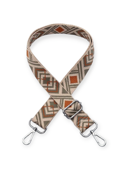 Bag strap with cream, olive and rust color patterns