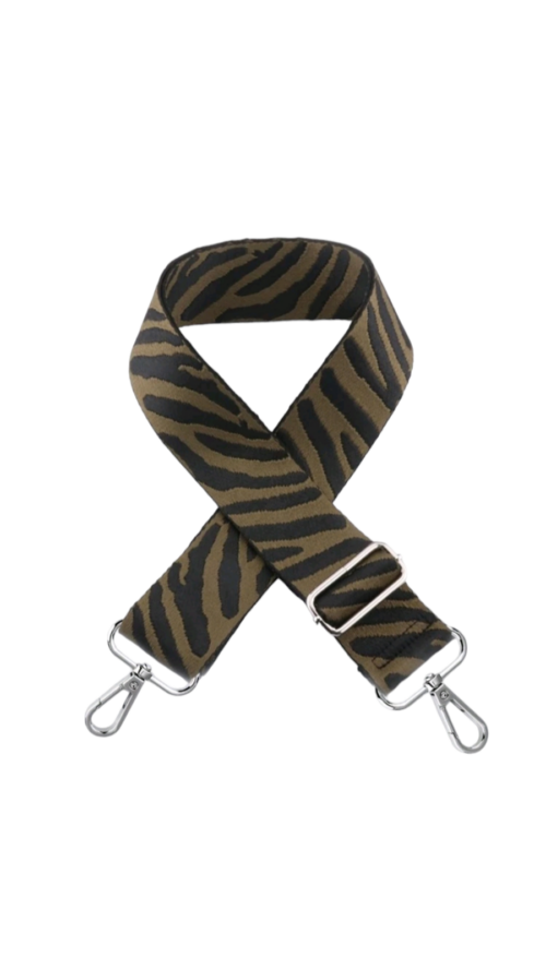 Bag strap with black and khaki zebra pattern