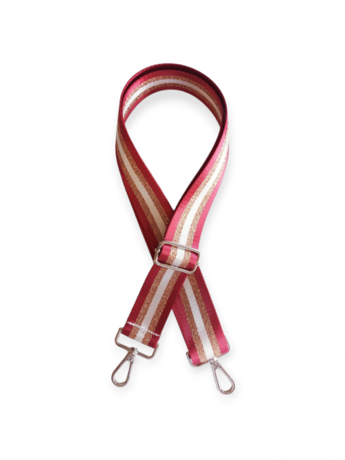 Bag strap with red, gold and white stripe